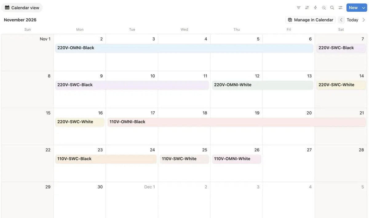 Notion calendar for Motto80 overseas preorder batch 2 production in November 2026