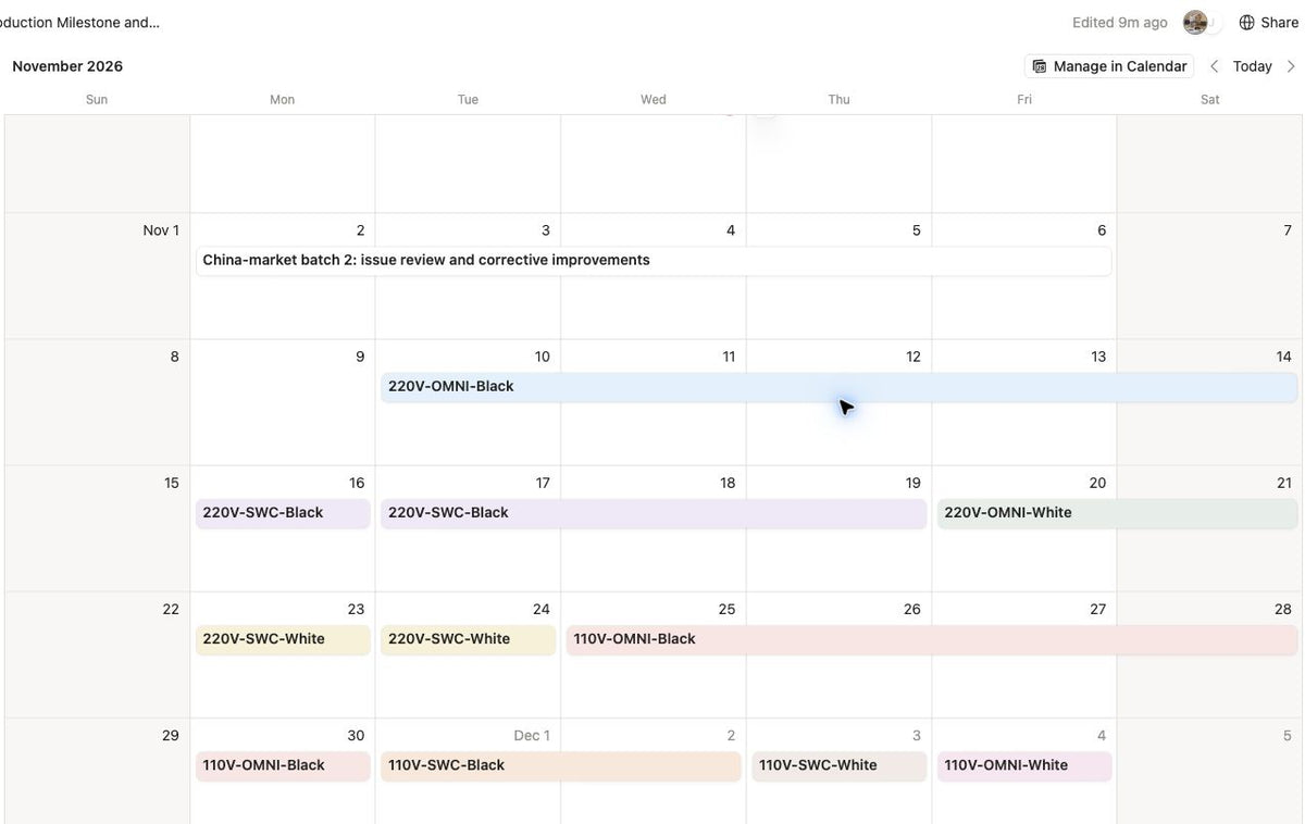 Updated Notion production calendar for Motto80 overseas preorder batch 2, November 10 to December 4, 2026